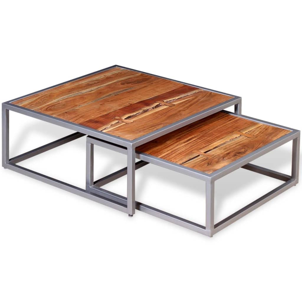 Brown Solid Acacia Wood & Grey Steel Square Coffee Table Set of 2 K39169