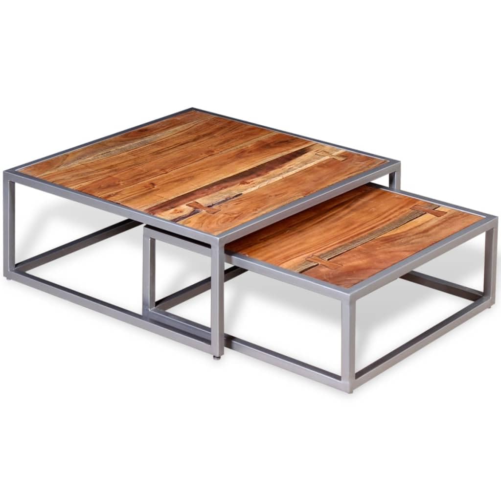 Brown Solid Acacia Wood & Grey Steel Square Coffee Table Set of 2 K39169