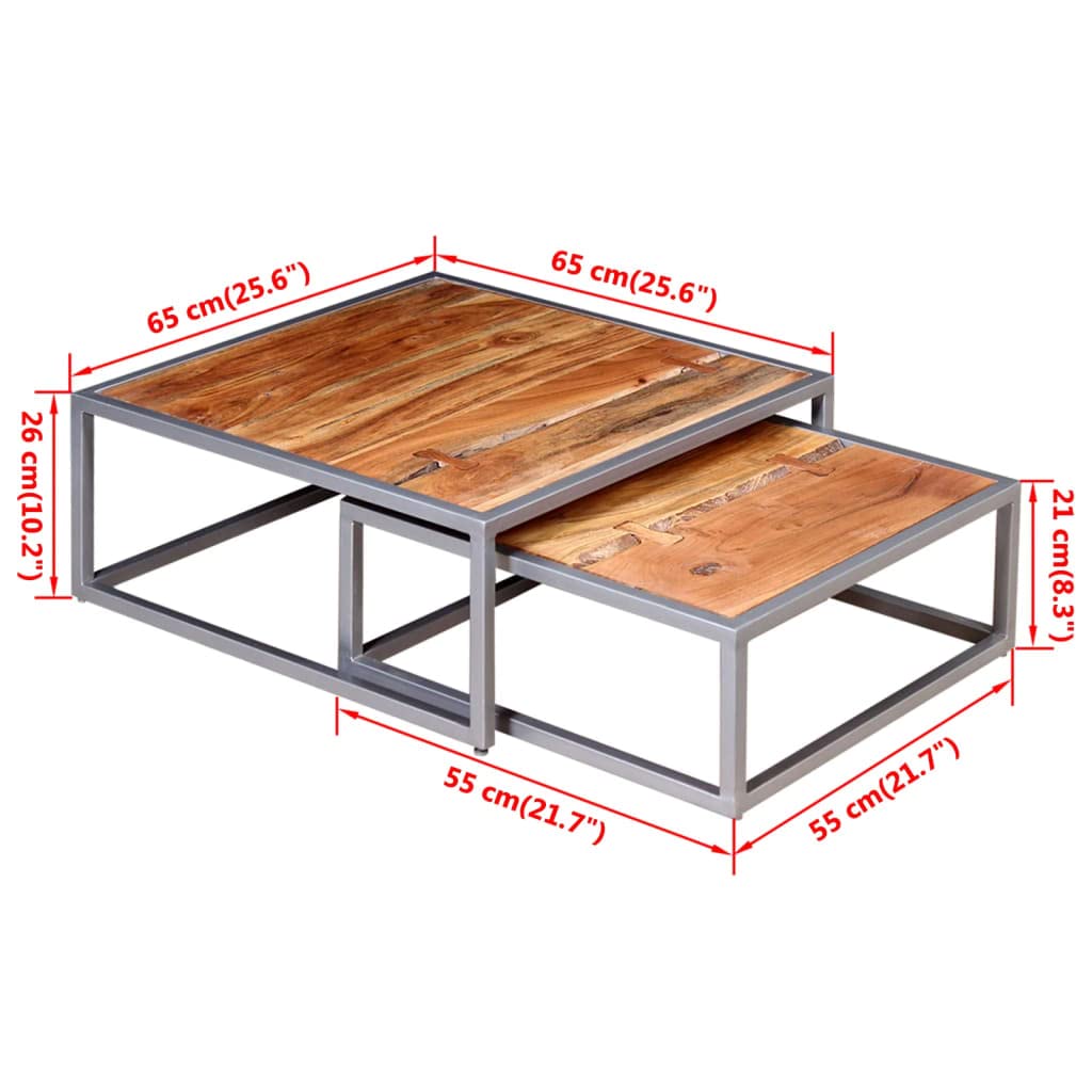 Brown Solid Acacia Wood & Grey Steel Square Coffee Table Set of 2 K39169