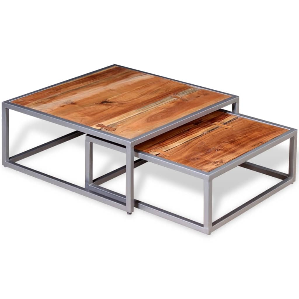 Brown Solid Acacia Wood & Grey Steel Square Coffee Table Set of 2 K39169