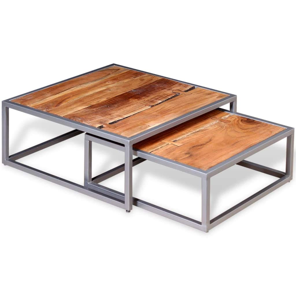 Brown Solid Acacia Wood & Grey Steel Square Coffee Table Set of 2 K39169