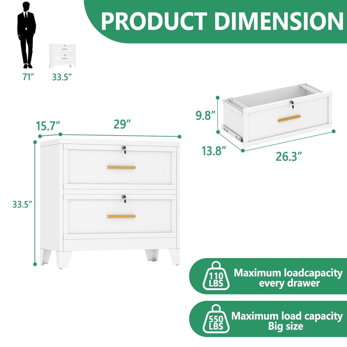 White 2 Drawer Metal Lateral File Cabinet with Lock Q2695