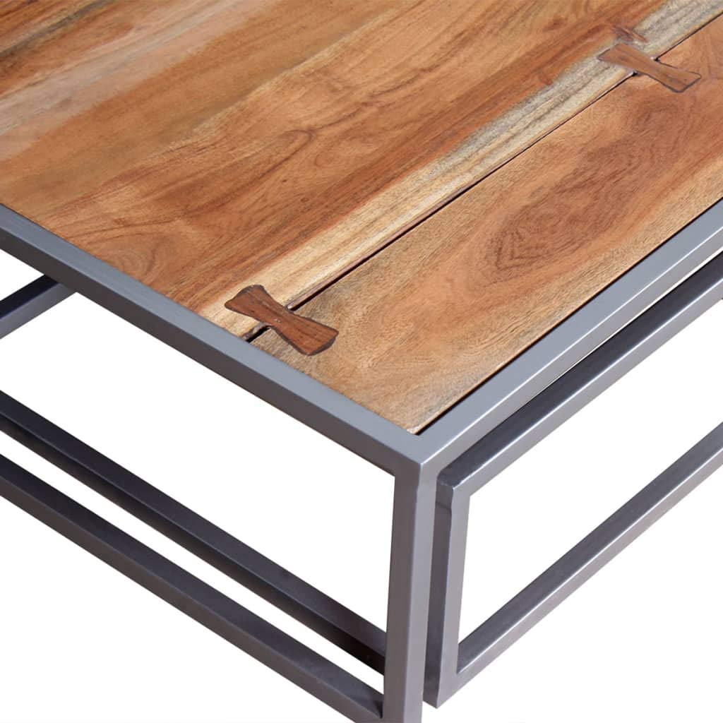 Brown Solid Acacia Wood & Grey Steel Square Coffee Table Set of 2 K39169
