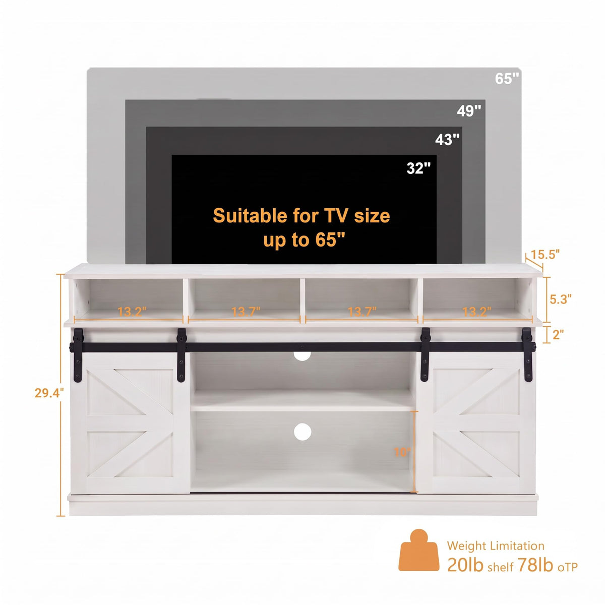 White Farmhouse TV Stand with Sliding Barn Doors C207819