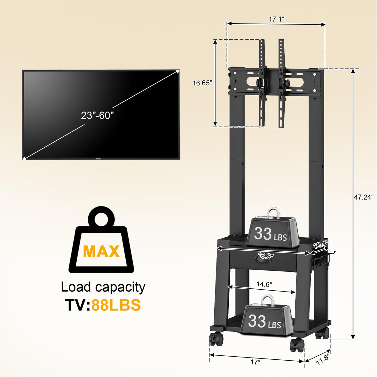Rolling TV Stand with Storage for 23-60 Inch TVs, Height Adjustable Tilt Mobile TV Mount Cart with Drawer & 2 Shelves T9978