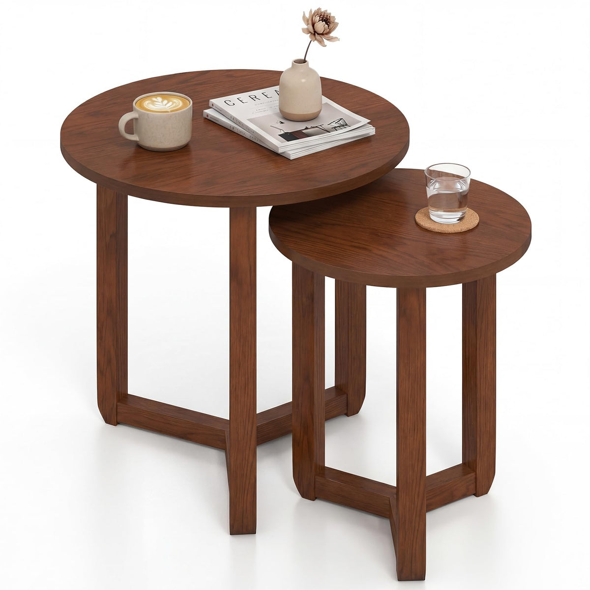 Round Nesting Coffee Table Set of 2 Wood Walnut T79202