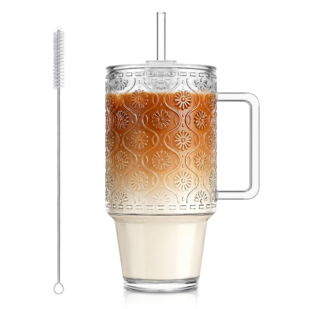 24 Oz Ribbed Glass Tumblers with Lids and Straws Q344