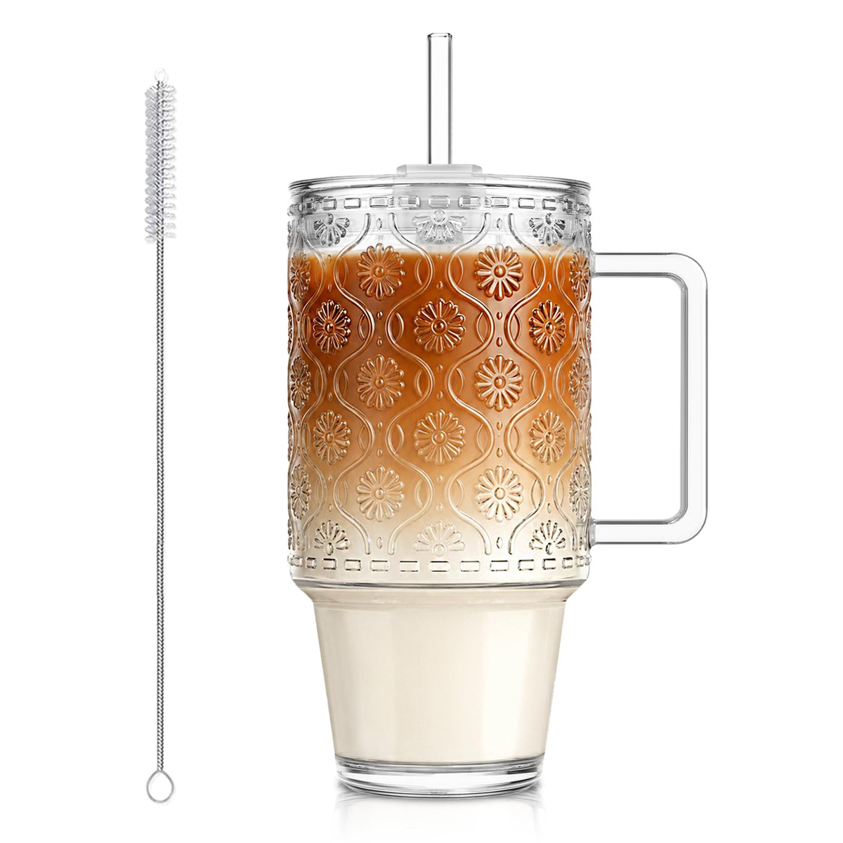 24 Oz Ribbed Glass Tumblers with Lids and Straws Q344