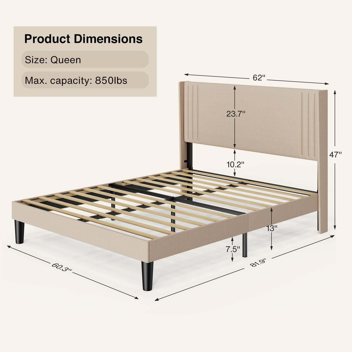 Queen Upholstered Platform Bed with Wingback Headboard I18517