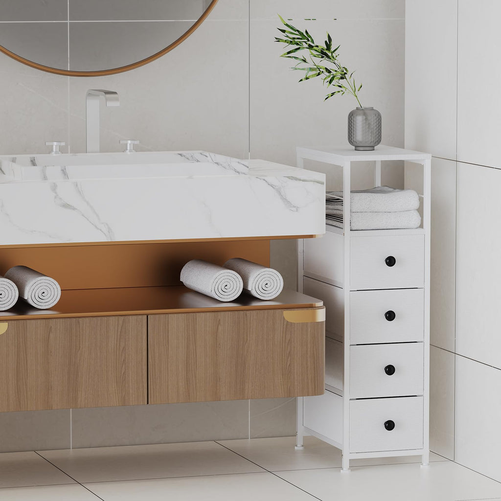 White Narrow Dresser with 4 Fabric Drawers W709
