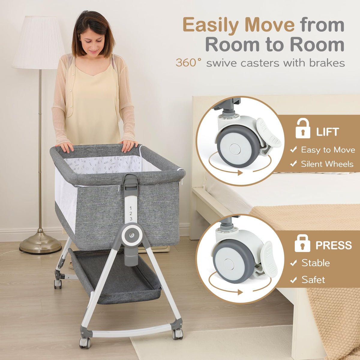 Portable Bedside Bassinet with Waterproof Mattress, Grey F475244