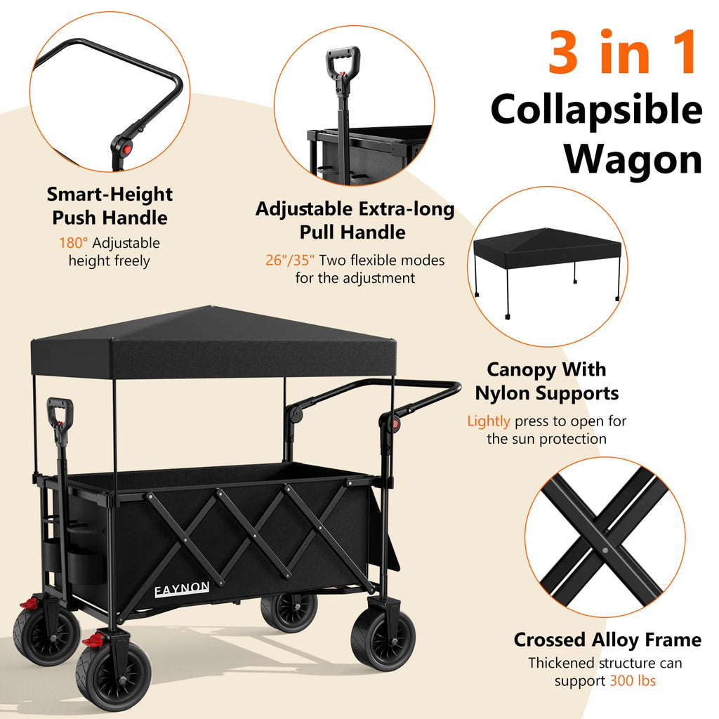 Collapsible Wagon with 300lbs Capacity, 150L Heavy Duty Utility Cart, Black X9308