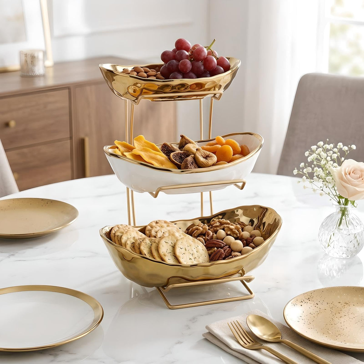 3 Tier White Gold Ceramic Fruit Bowl K237727