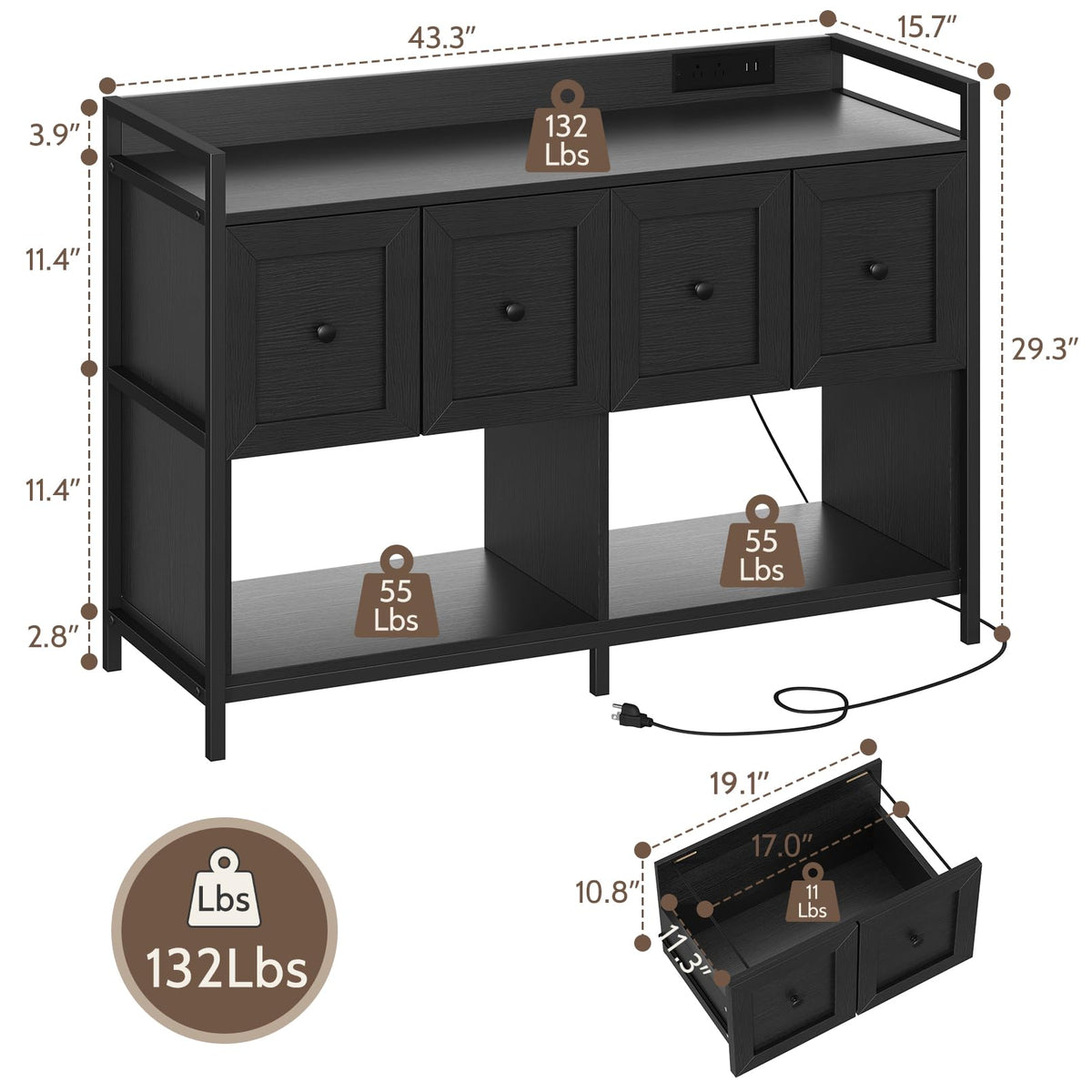Black 2 Drawer Wood File Cabinet with Power Outlet O83916