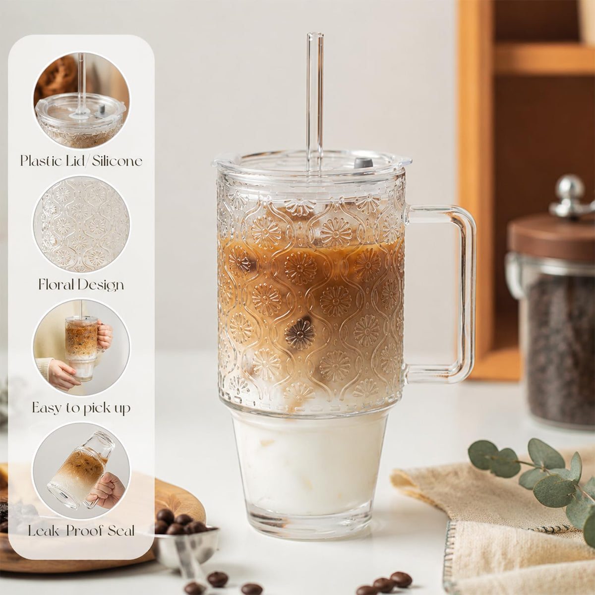 24 Oz Ribbed Glass Tumblers with Lids and Straws Q344