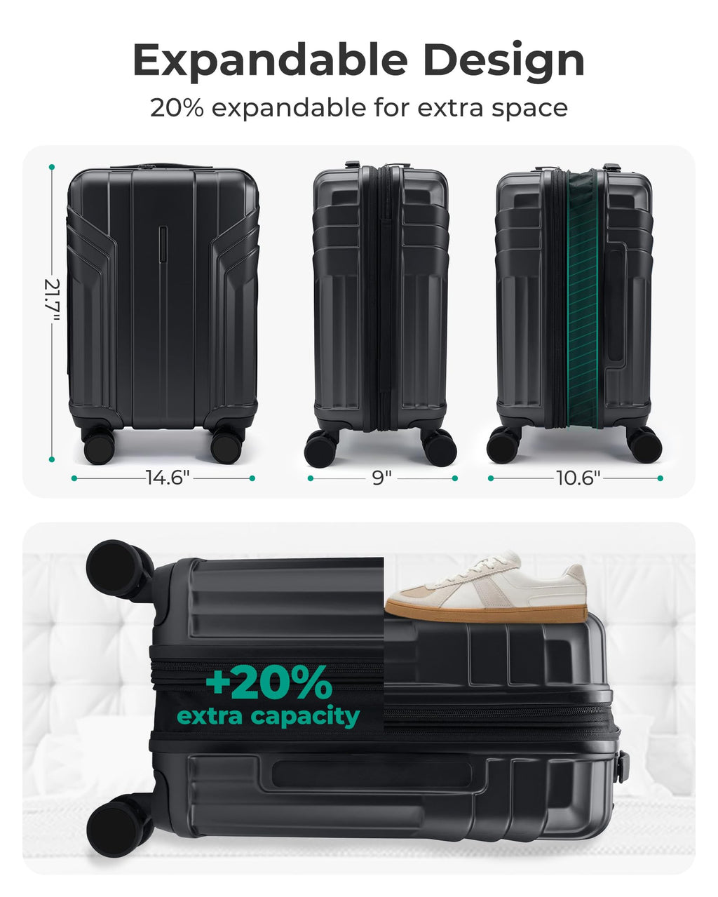 Expandable Carry On Luggage 22x14x9 Black I719669