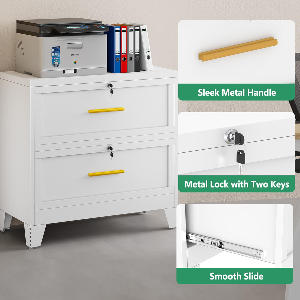 White 2 Drawer Metal Lateral File Cabinet with Lock Q2695