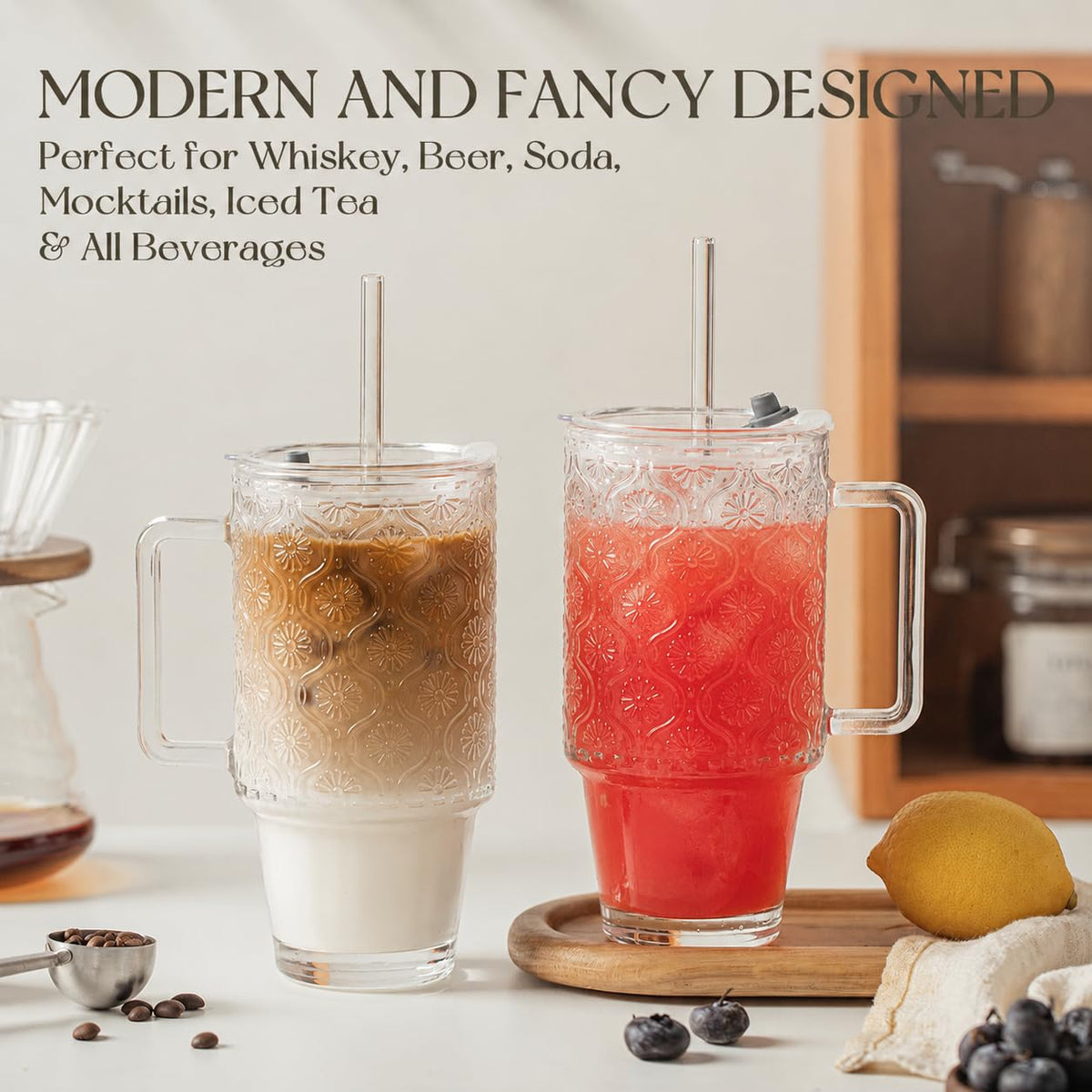 24 Oz Ribbed Glass Tumblers with Lids and Straws Q344