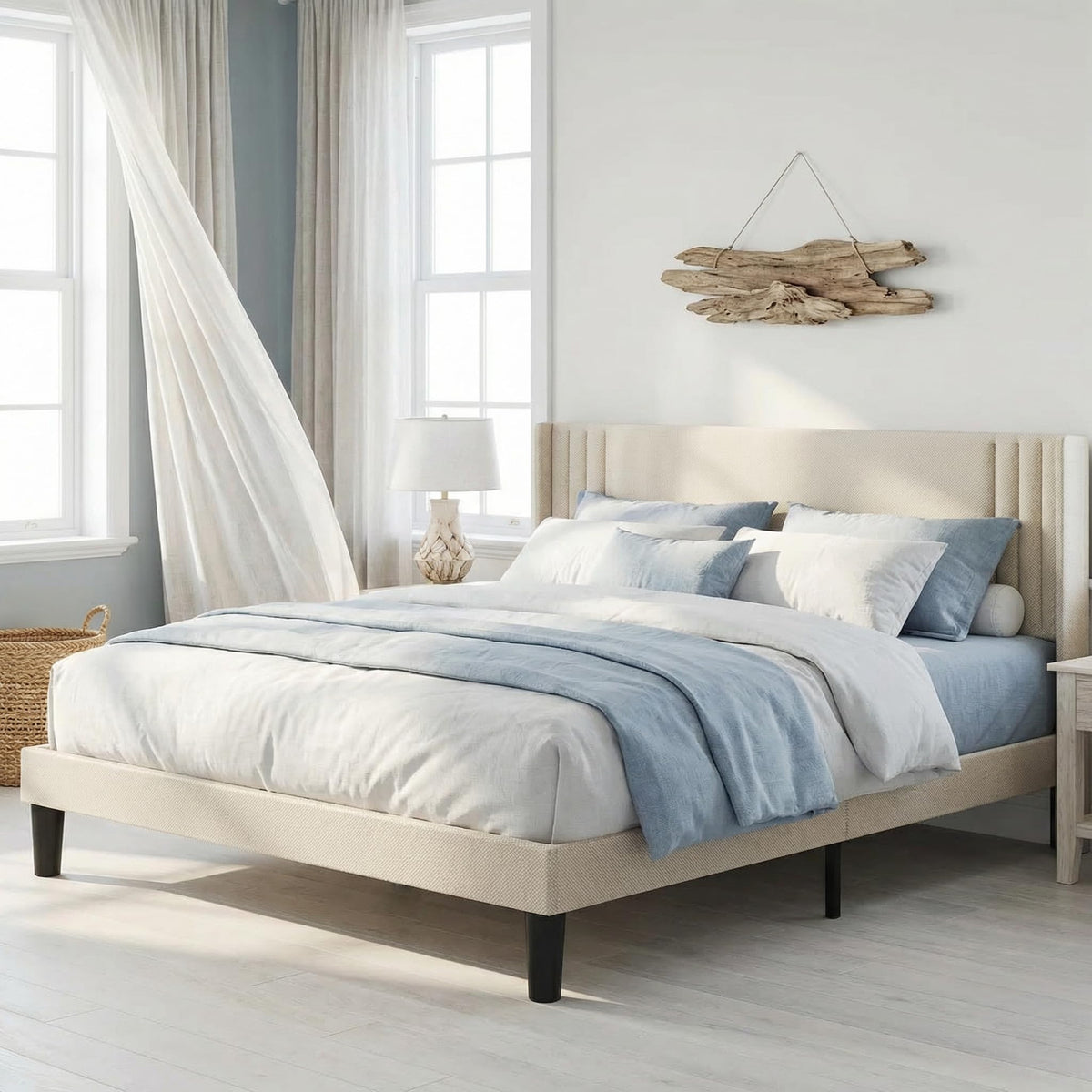 Queen Upholstered Platform Bed with Wingback Headboard I18517