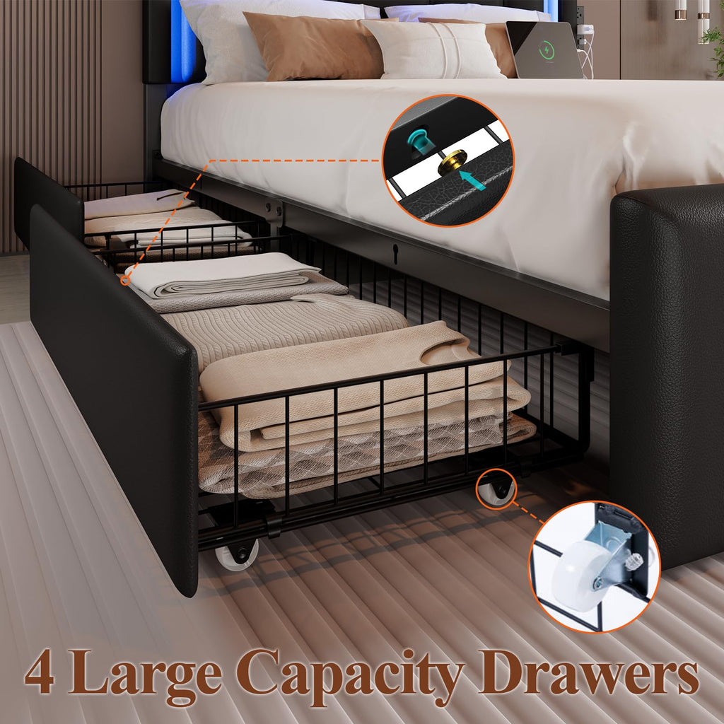 Full Size Bed Frame with LED Lights and Storage Drawers, Black T974