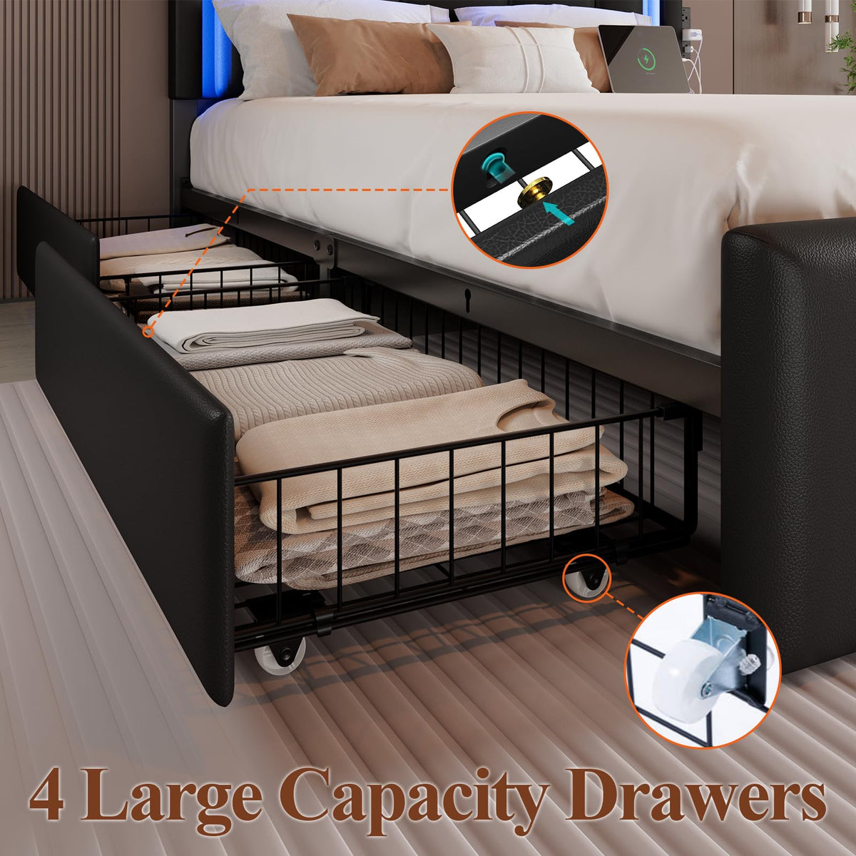 Full Size Bed Frame with LED Lights and Storage Drawers, Black T974