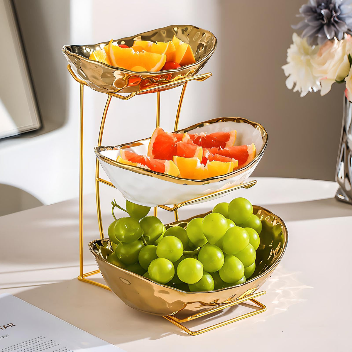 3 Tier White Gold Ceramic Fruit Bowl K237727