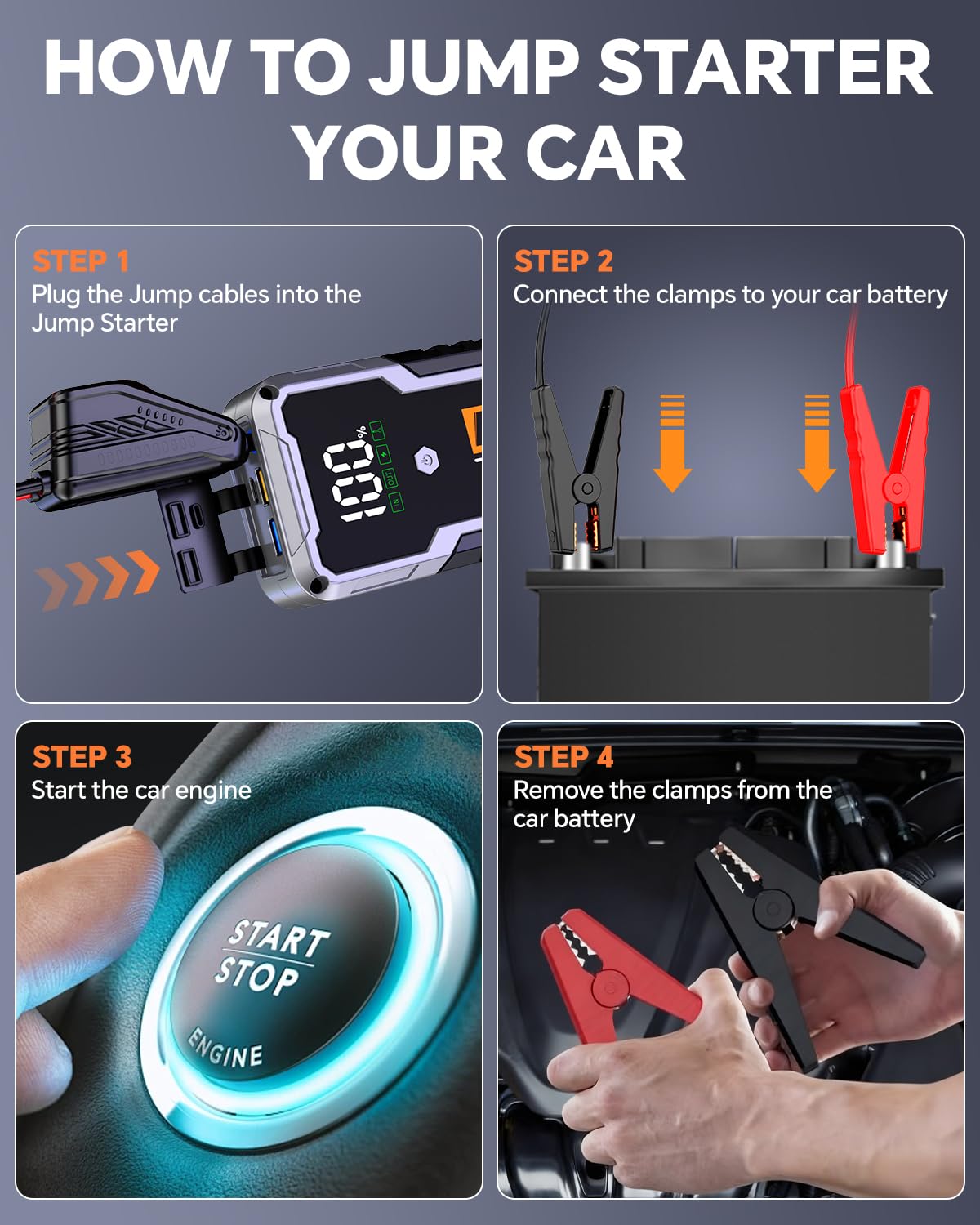 Car Battery Jump Starter Portable 12V with Jumper Cables LED Light R12658