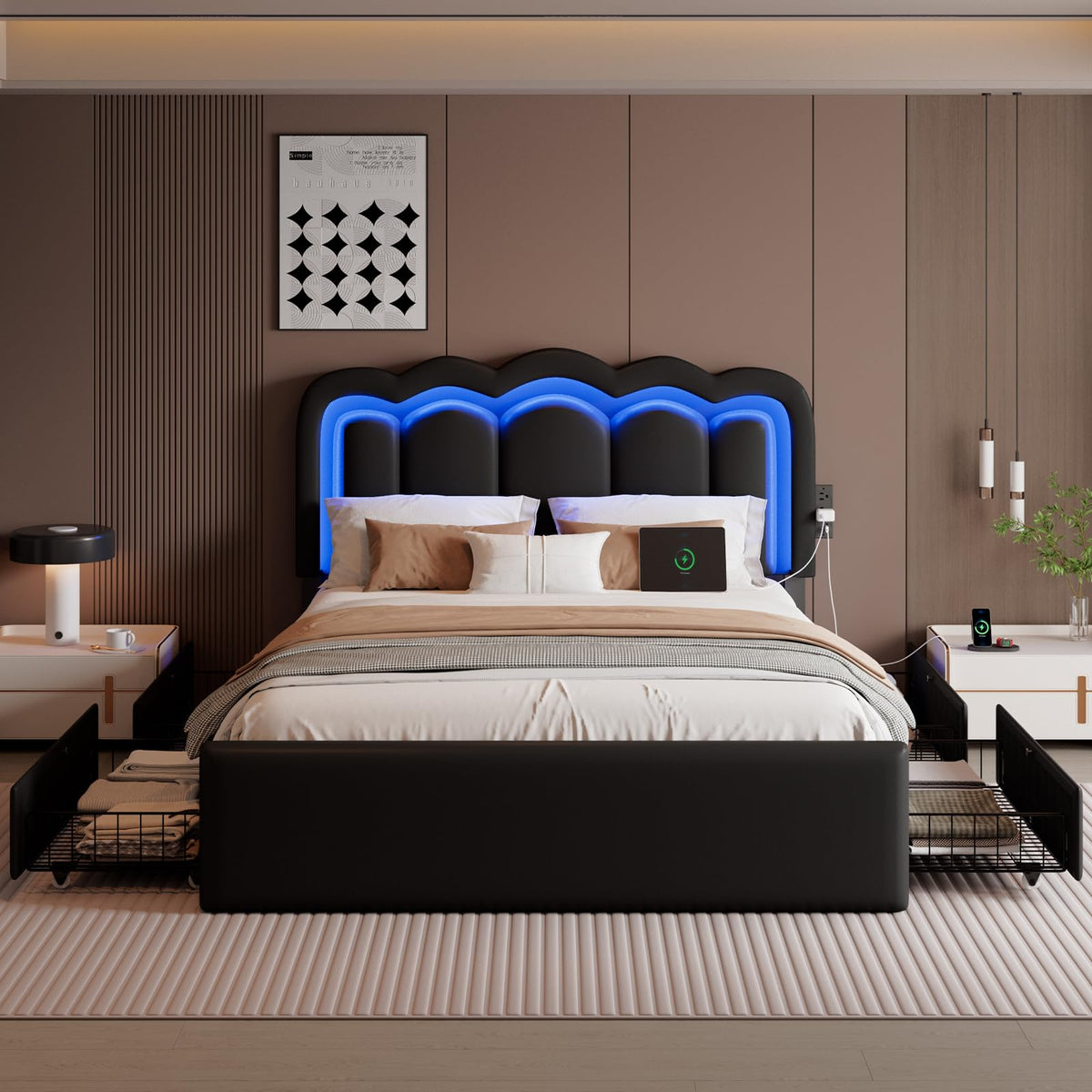 Full Size Bed Frame with LED Lights and Storage Drawers, Black T974