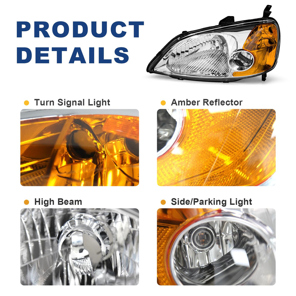Headlight Assembly with Chrome Housing Amber Reflector Driver and Passenger Side E848