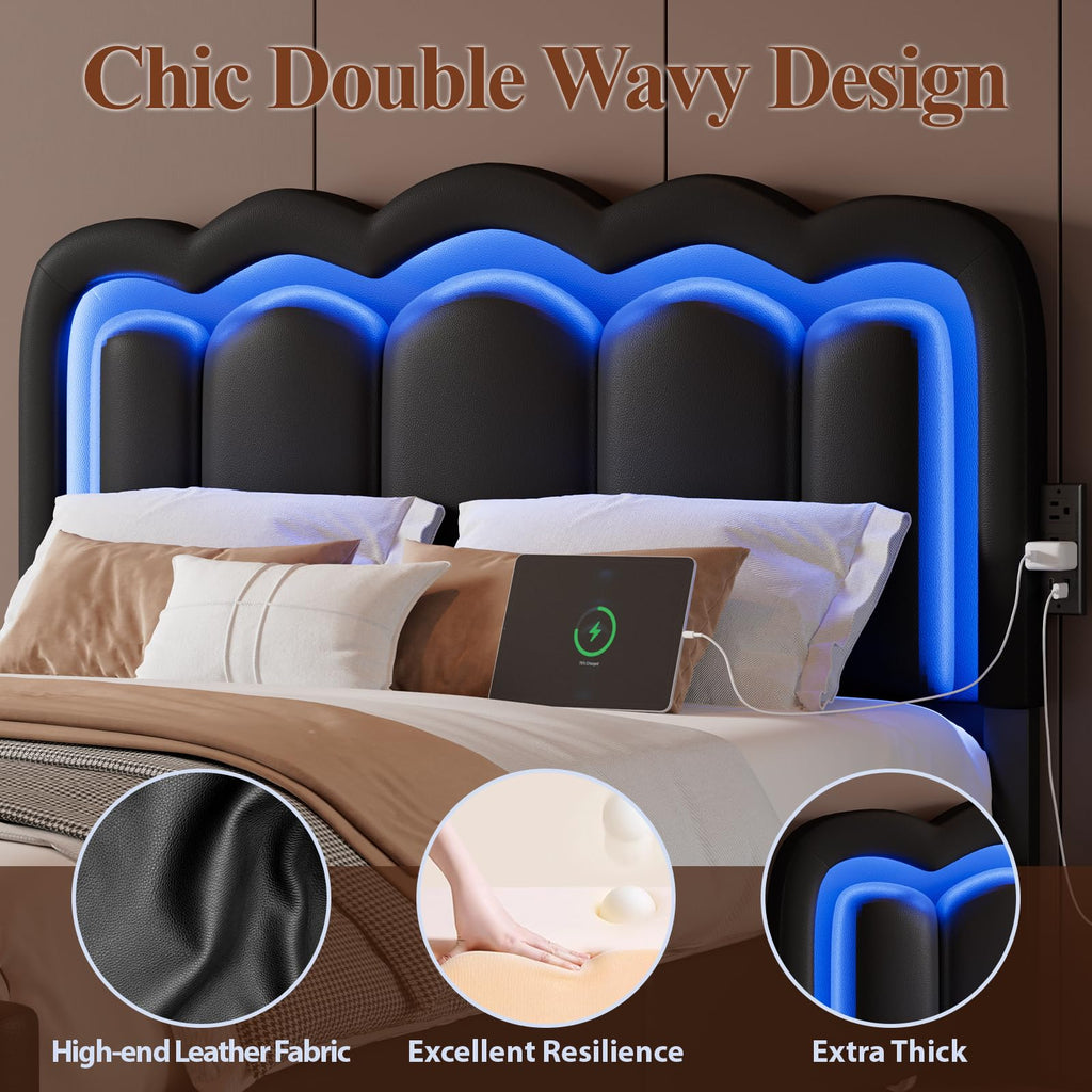 Full Size Bed Frame with LED Lights and Storage Drawers, Black T974