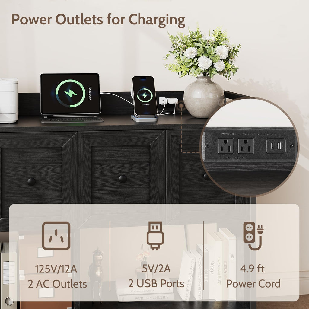 Black 2 Drawer Wood File Cabinet with Power Outlet O83916