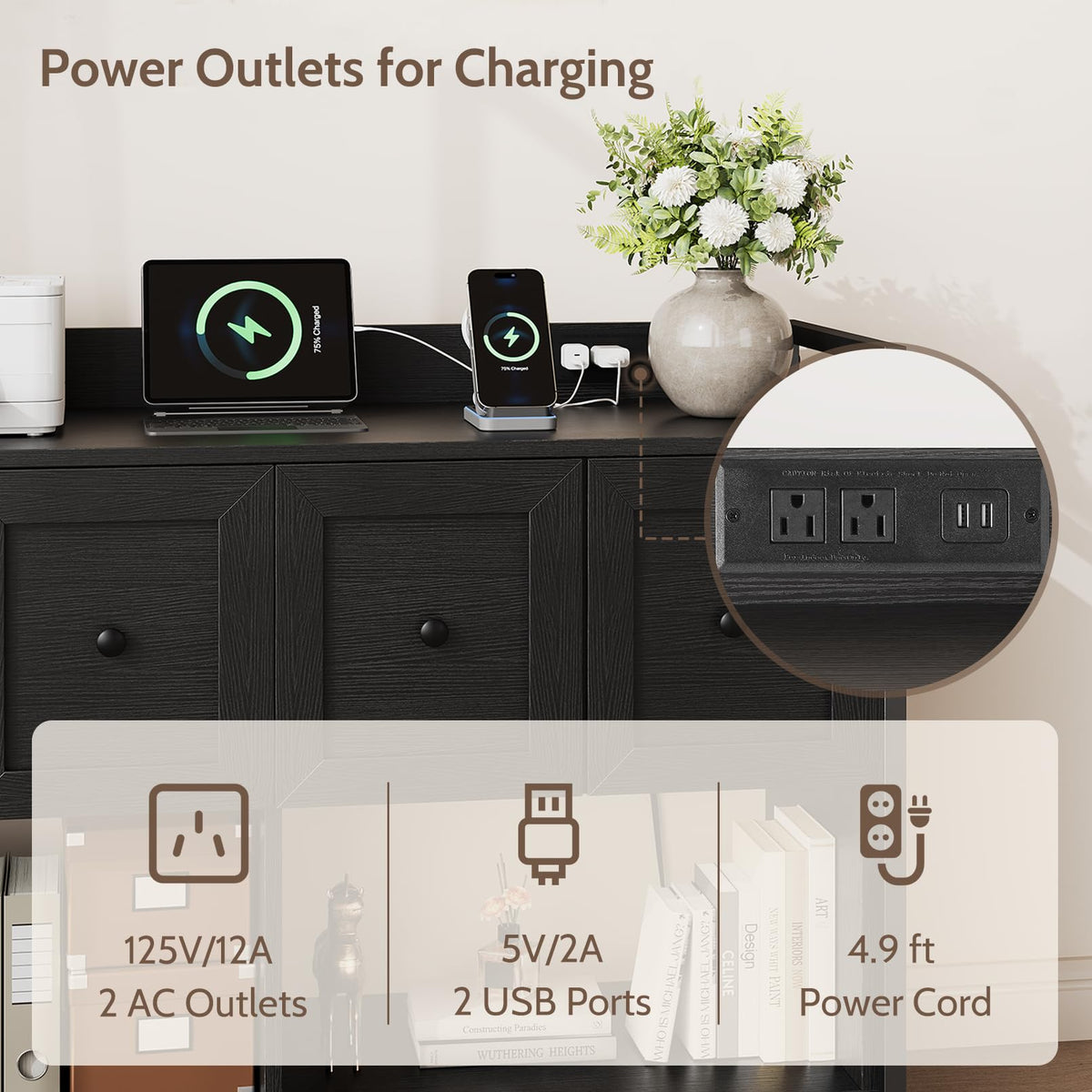 Black 2 Drawer Wood File Cabinet with Power Outlet O83916