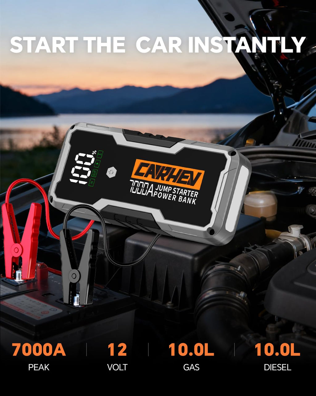 Car Battery Jump Starter Portable 12V with Jumper Cables LED Light R12658