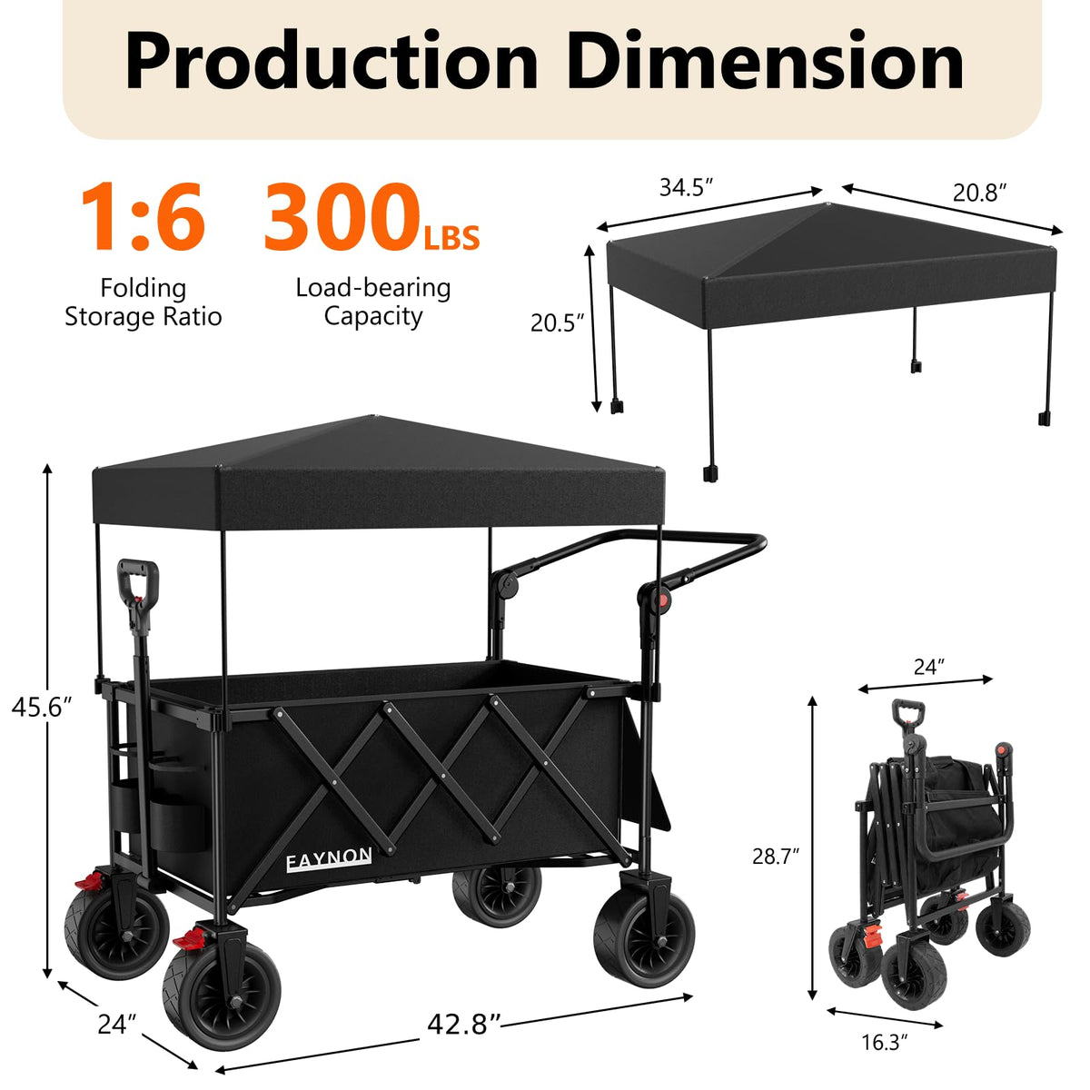 Collapsible Wagon with 300lbs Capacity, 150L Heavy Duty Utility Cart, Black X9308