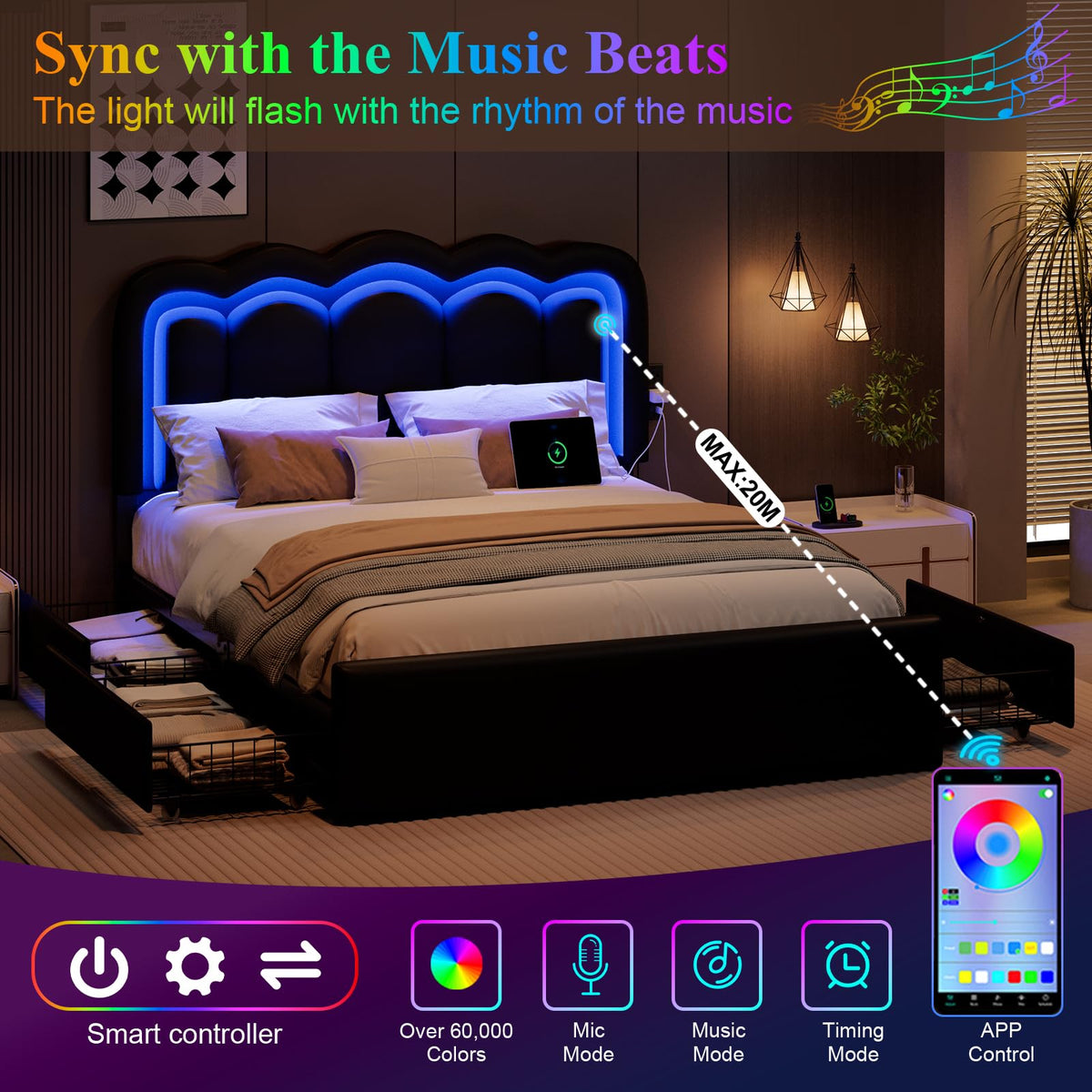 Full Size Bed Frame with LED Lights and Storage Drawers, Black T974