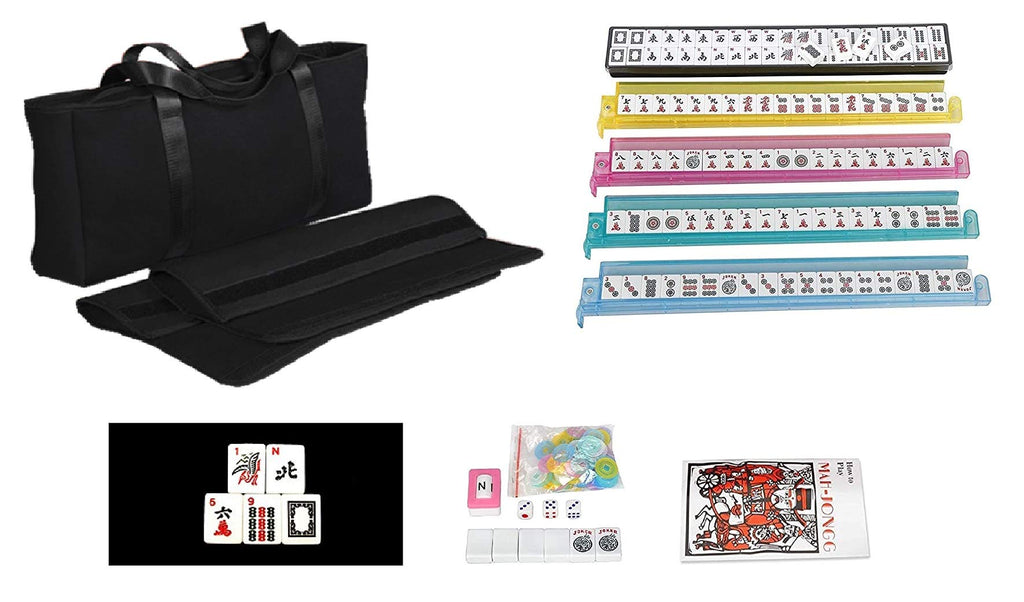 Black Soft Bag 166 White Engraved Tiles Mahjong Set X9022