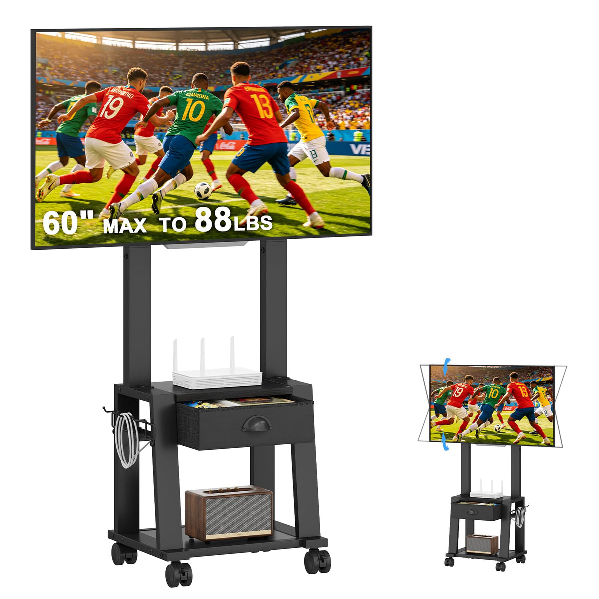 Rolling TV Stand with Storage for 23-60 Inch TVs, Height Adjustable Tilt Mobile TV Mount Cart with Drawer & 2 Shelves T9978