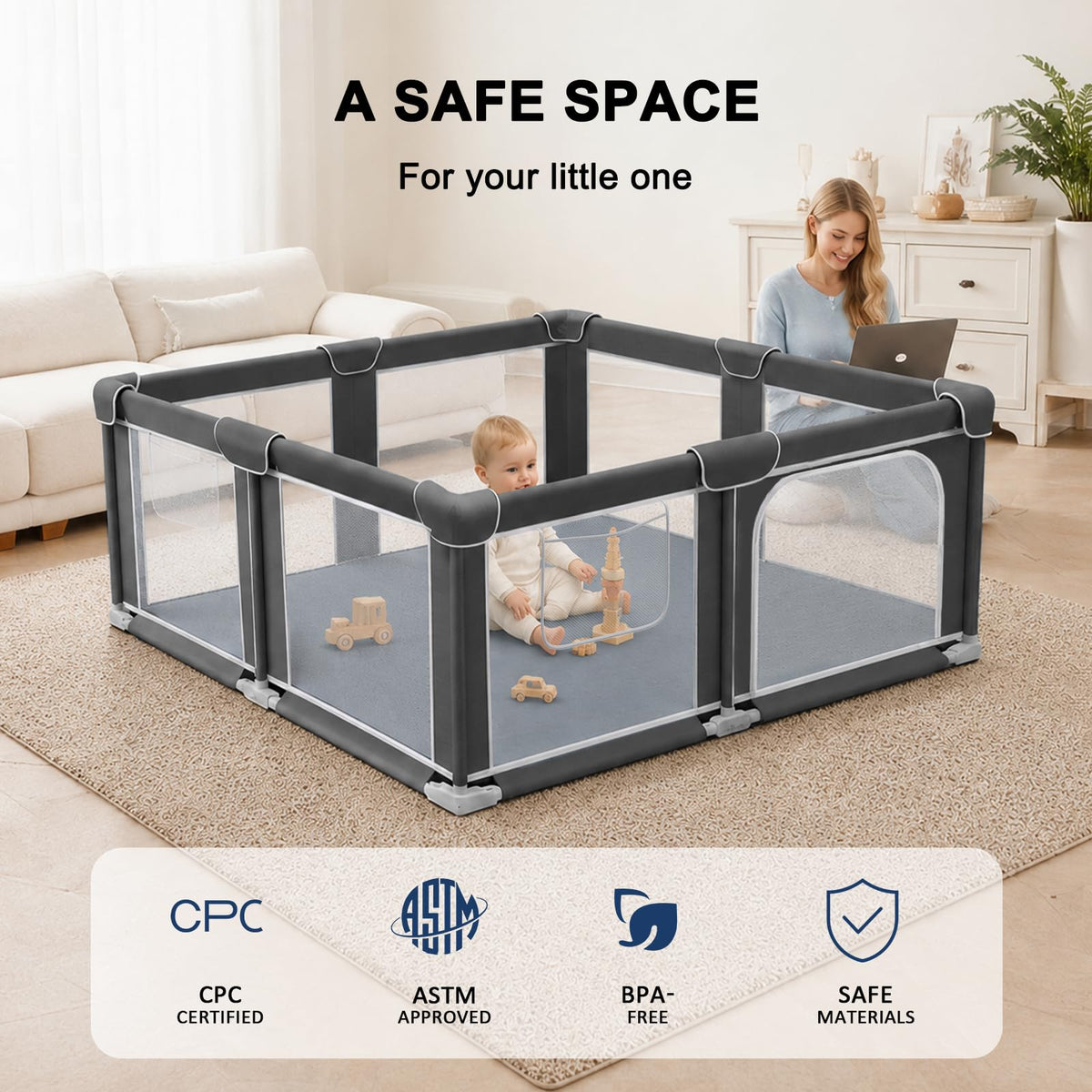 Foldable Playpen for Babies and Toddlers, 50"x50" Play Yard with Mat L6122