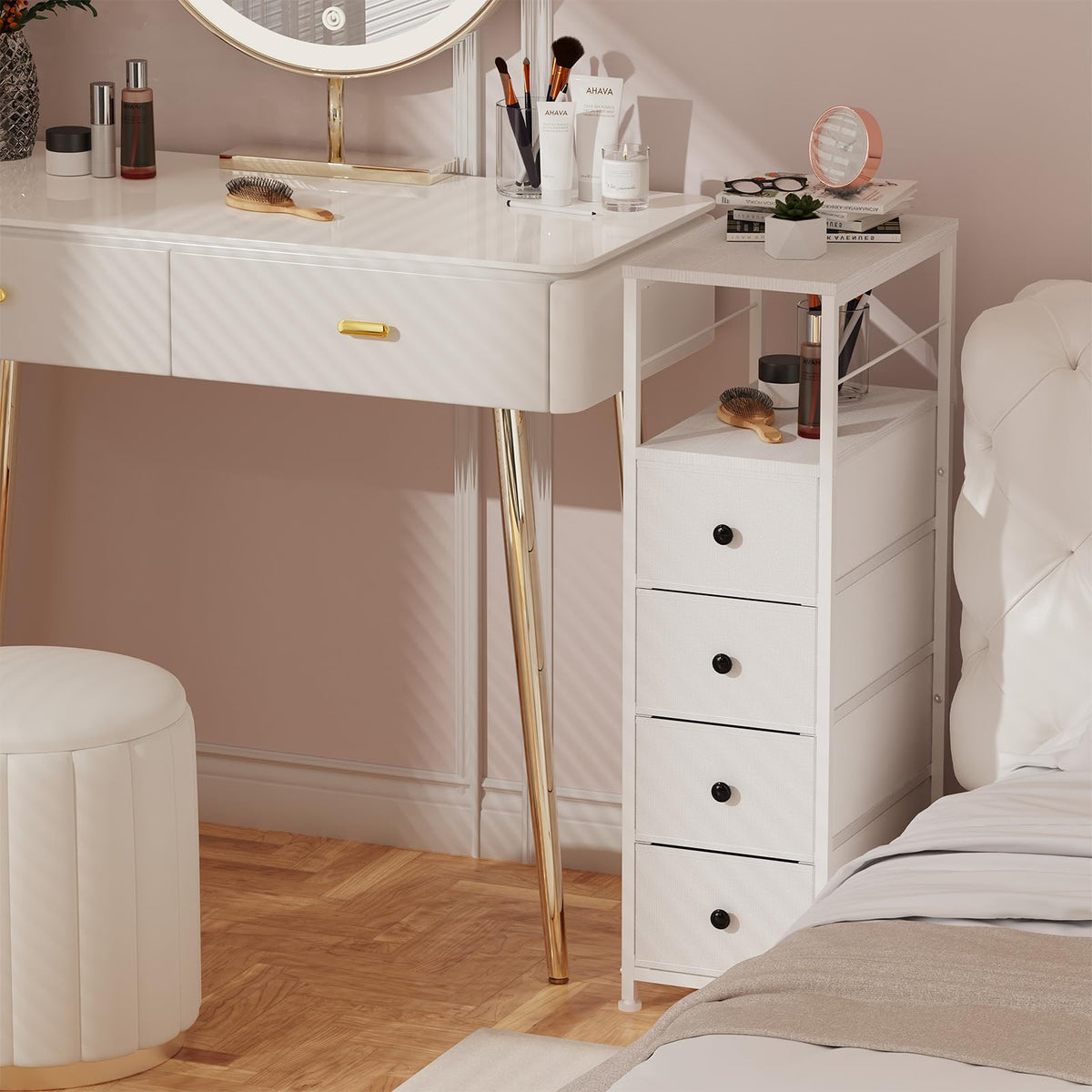 White Narrow Dresser with 4 Fabric Drawers W709