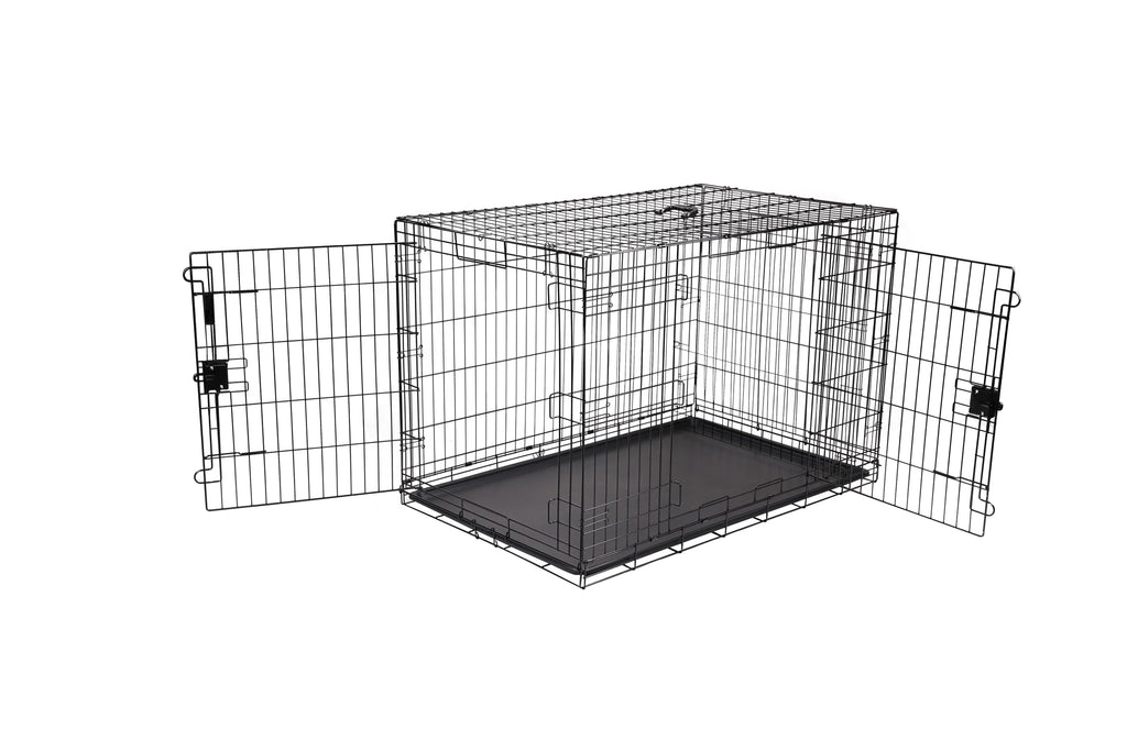 Portable Metal Wire Dog Crate, Double Door with Removable Tray, Black J61802