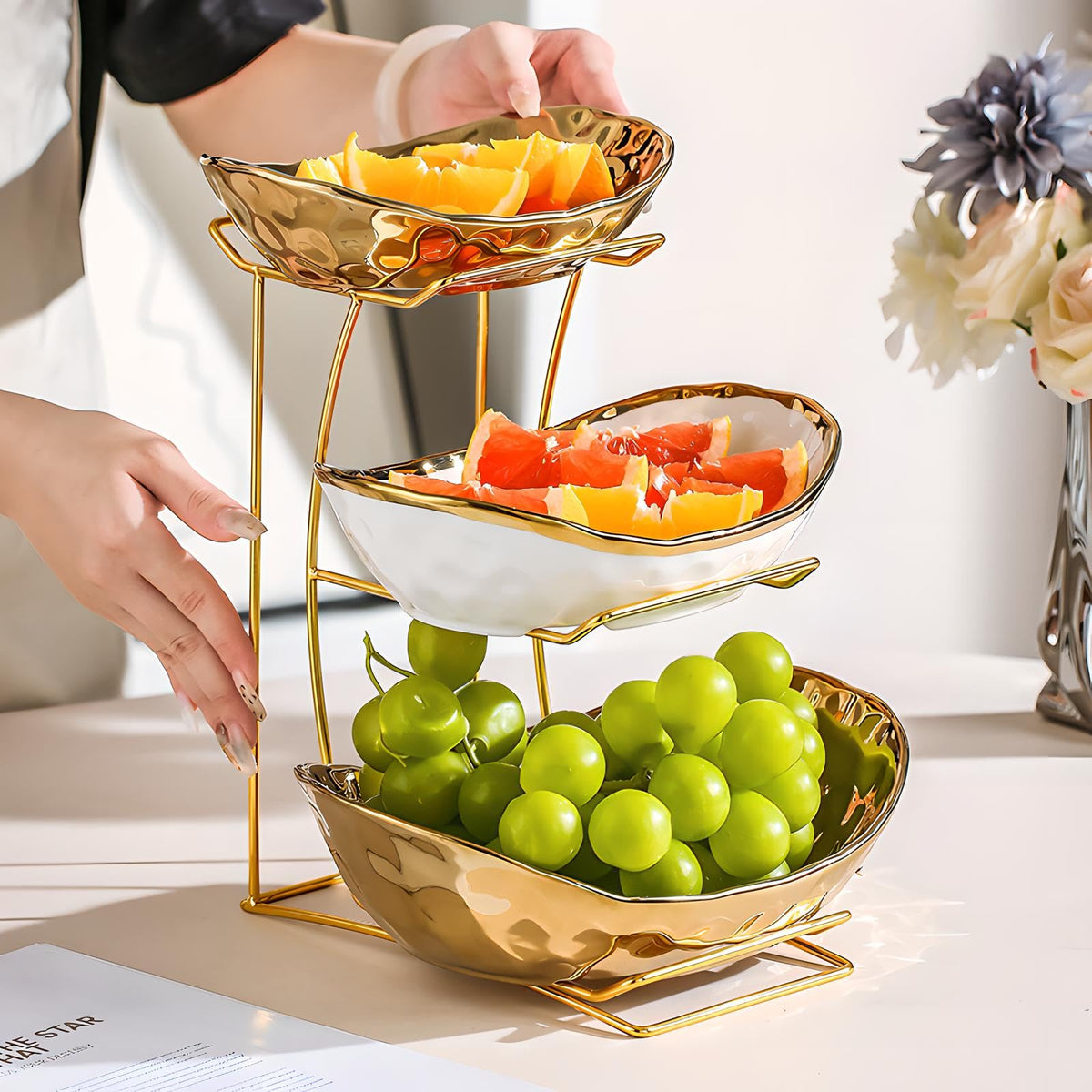 3 Tier White Gold Ceramic Fruit Bowl K237727