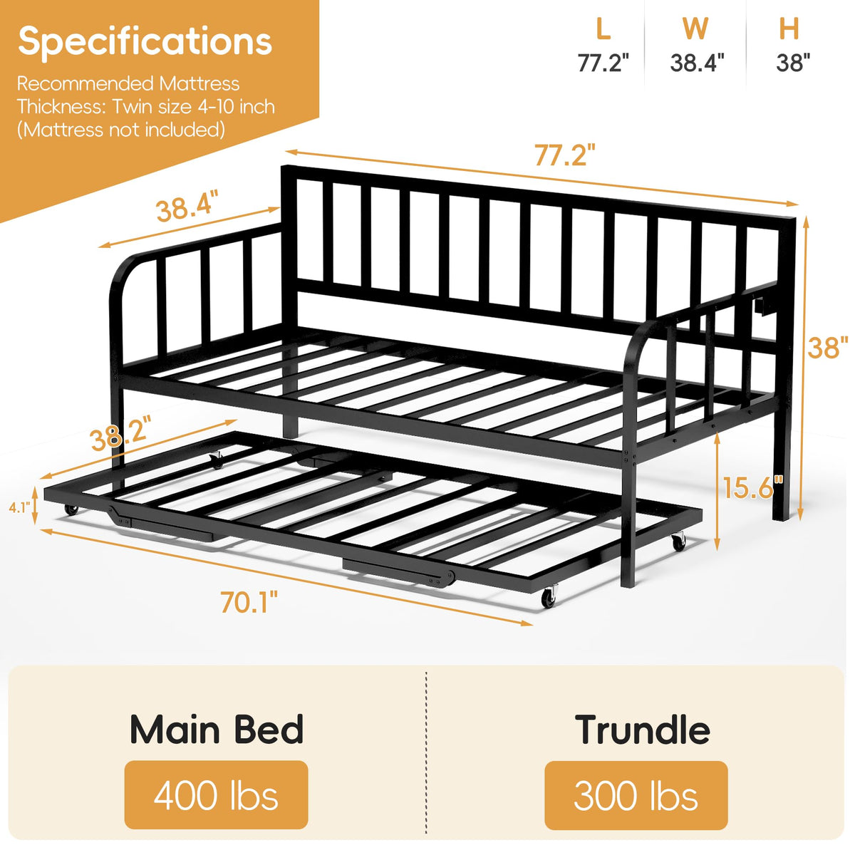 Black Twin to King Metal Daybed with Pop Up Trundle S94512