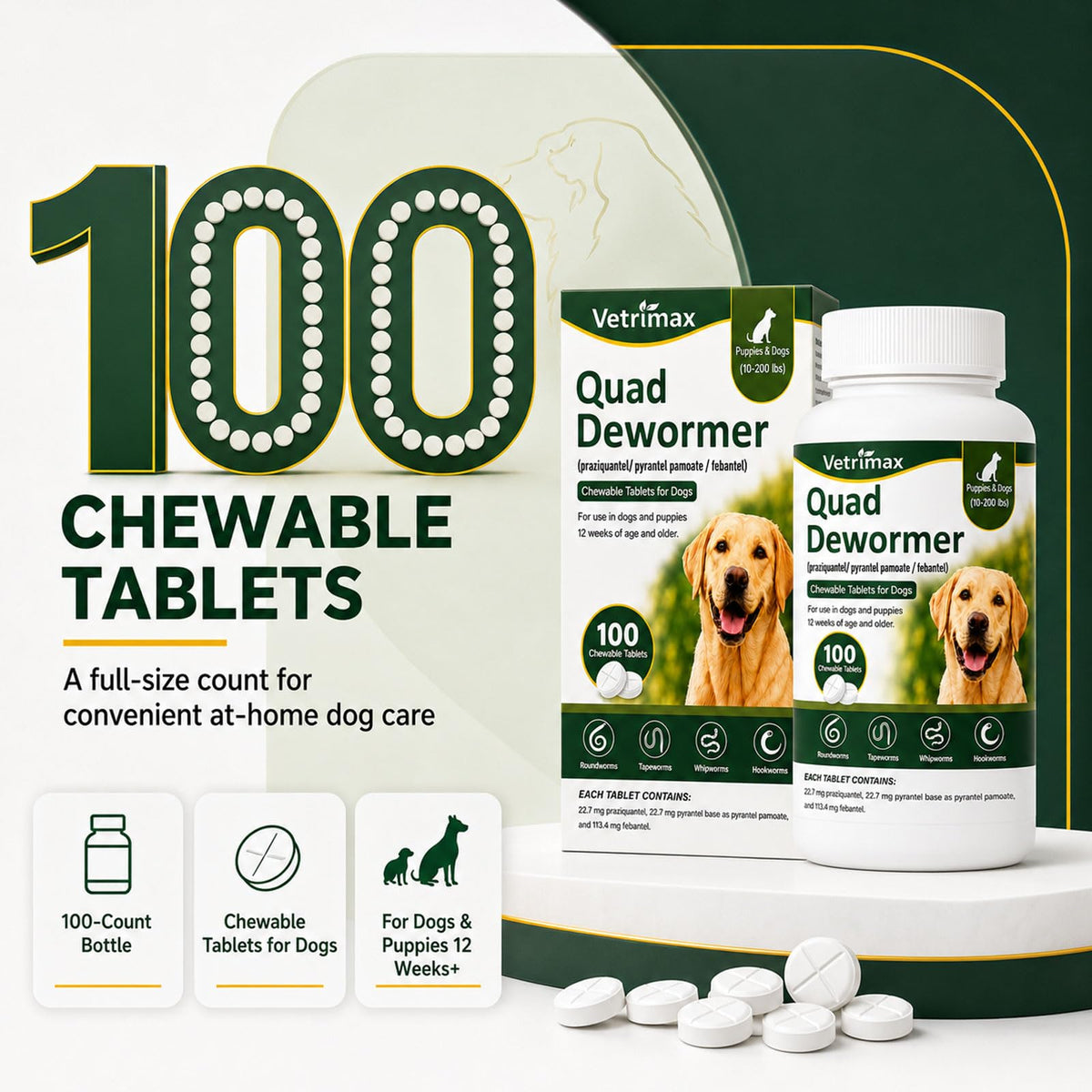 Dewormer for Dogs, 4-Way Wormer, 100 Count P70759