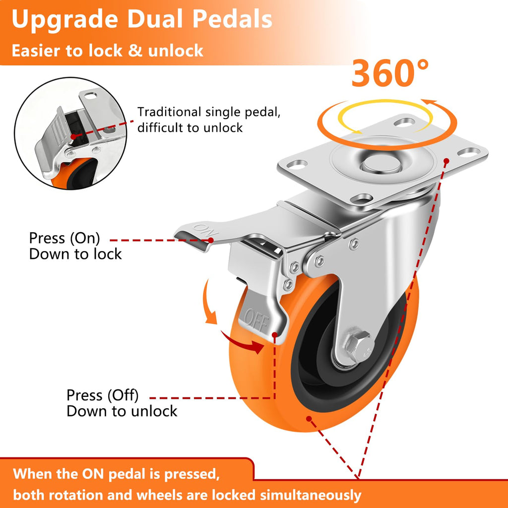 4" Heavy Duty Swivel Caster Wheels Set of 4 with Dual Locking V5622
