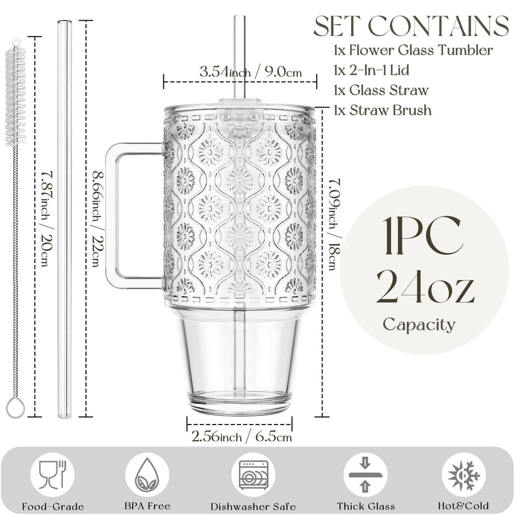 24 Oz Ribbed Glass Tumblers with Lids and Straws Q344