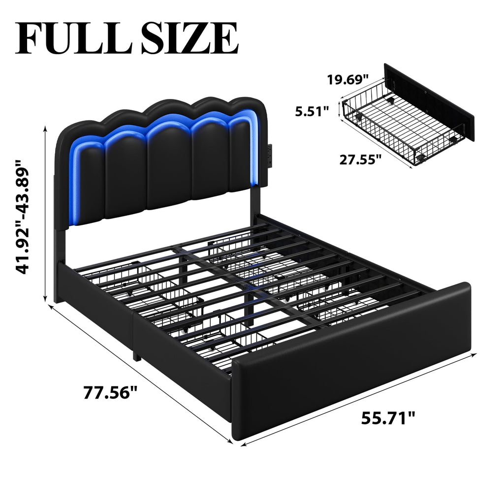Full Size Bed Frame with LED Lights and Storage Drawers, Black T974