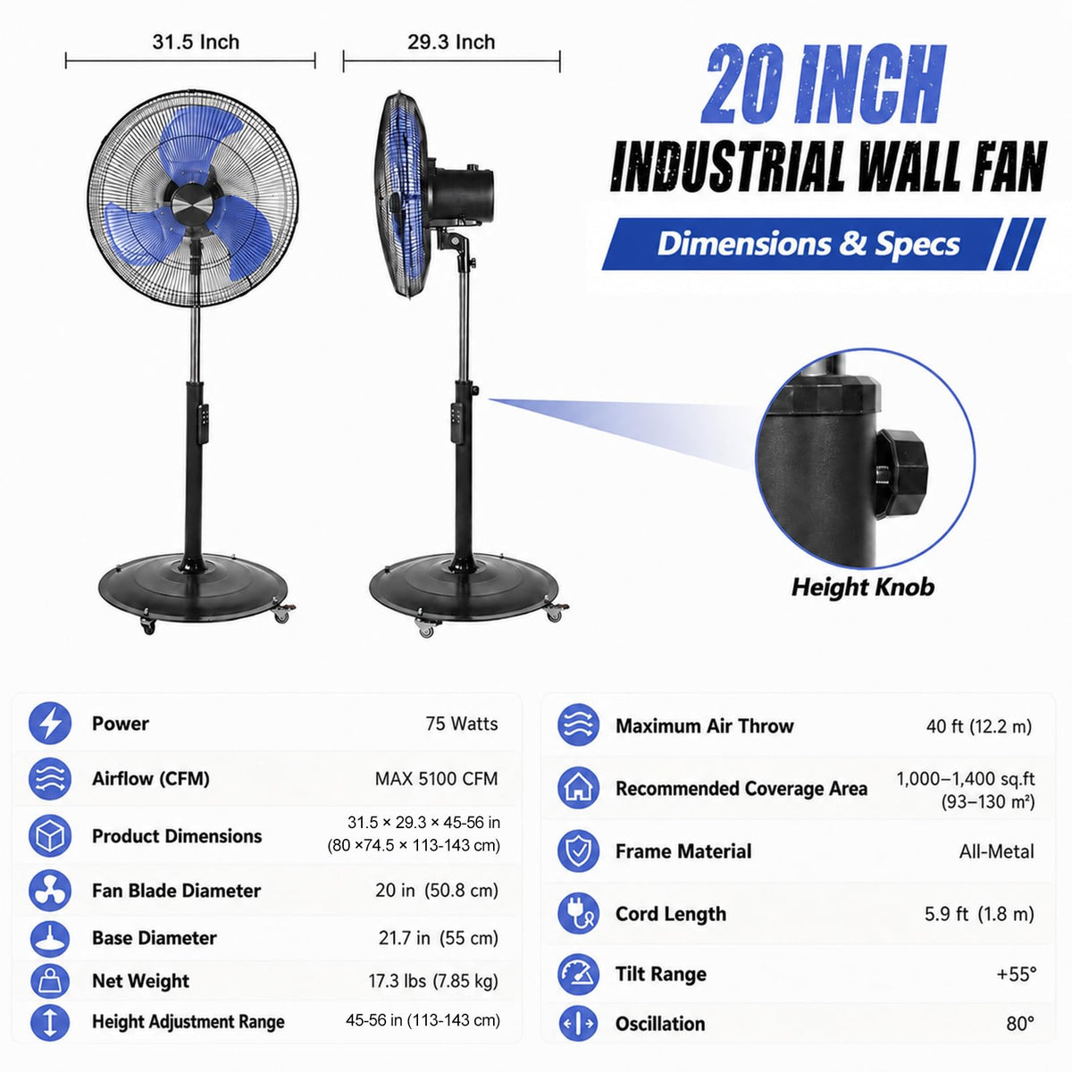20 Inch Quiet Oscillating Pedestal Fan with Casters X743328