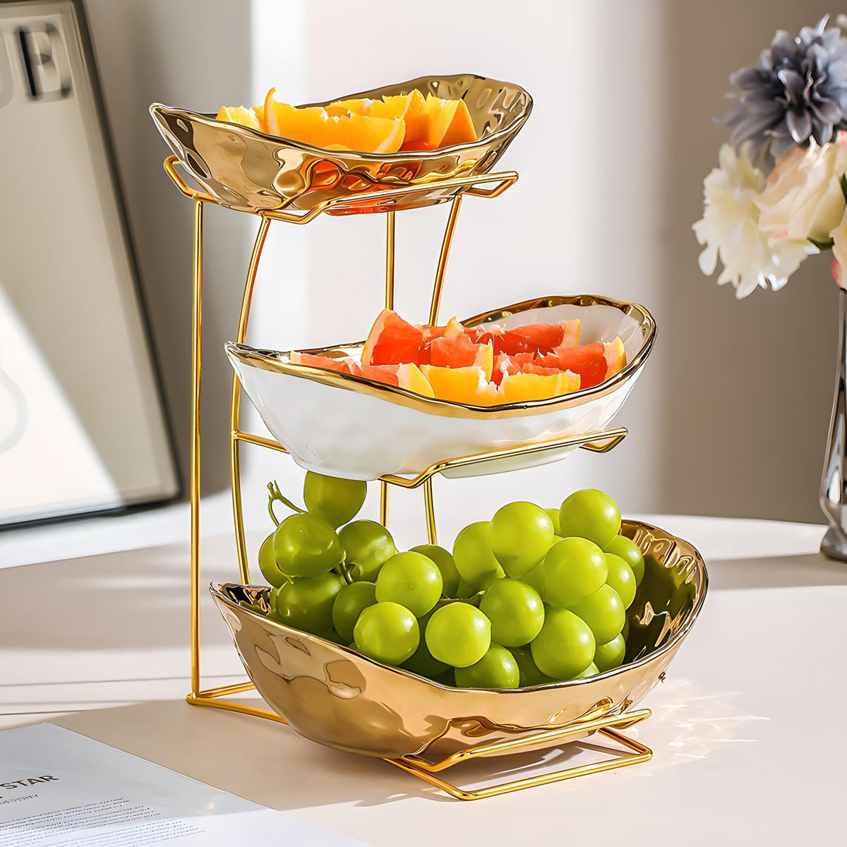 3 Tier White Gold Ceramic Fruit Bowl K237727