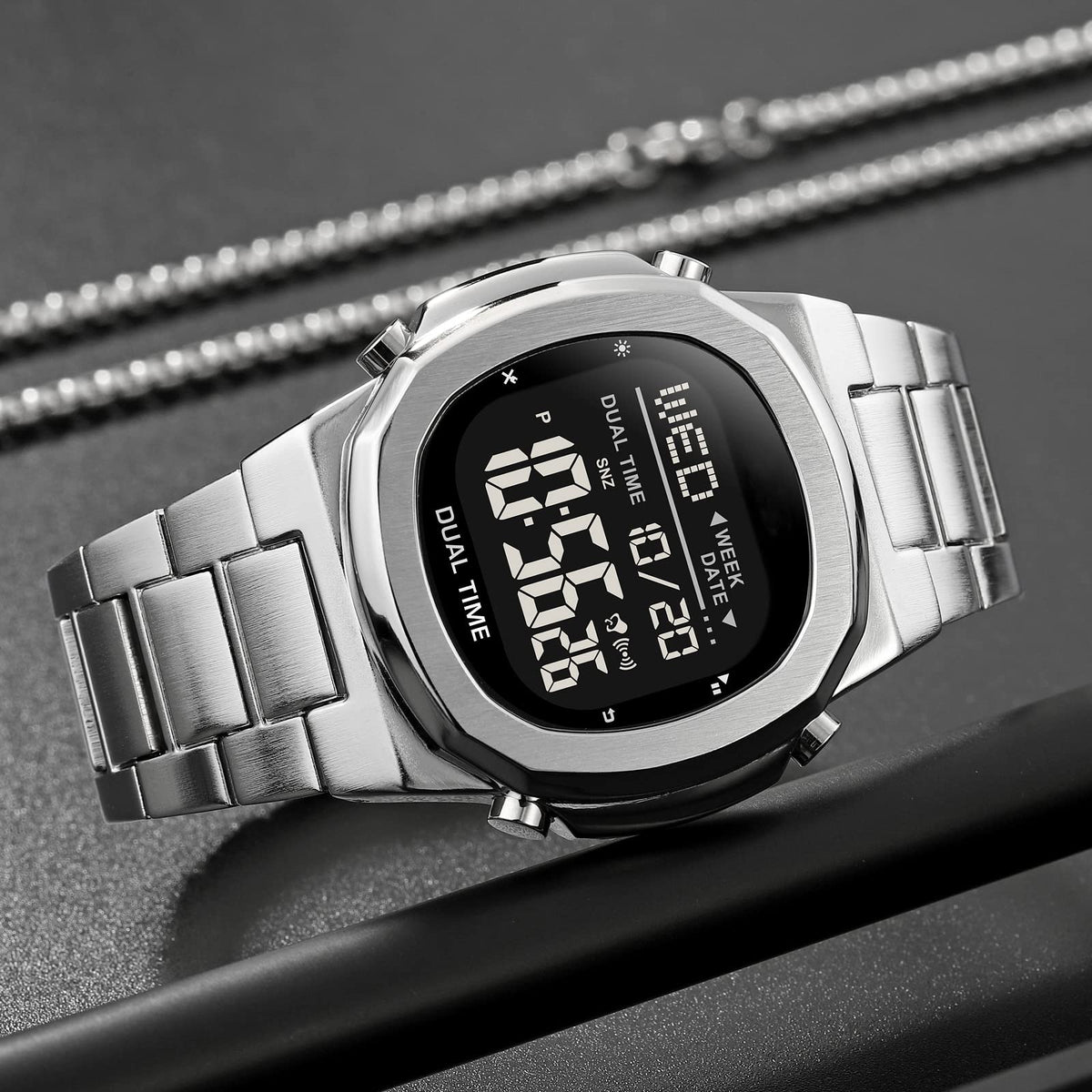 Men's Multifunctional Electronic Outdoor Sports Watch EL Light Large Digital Display Stainless Steel X879185