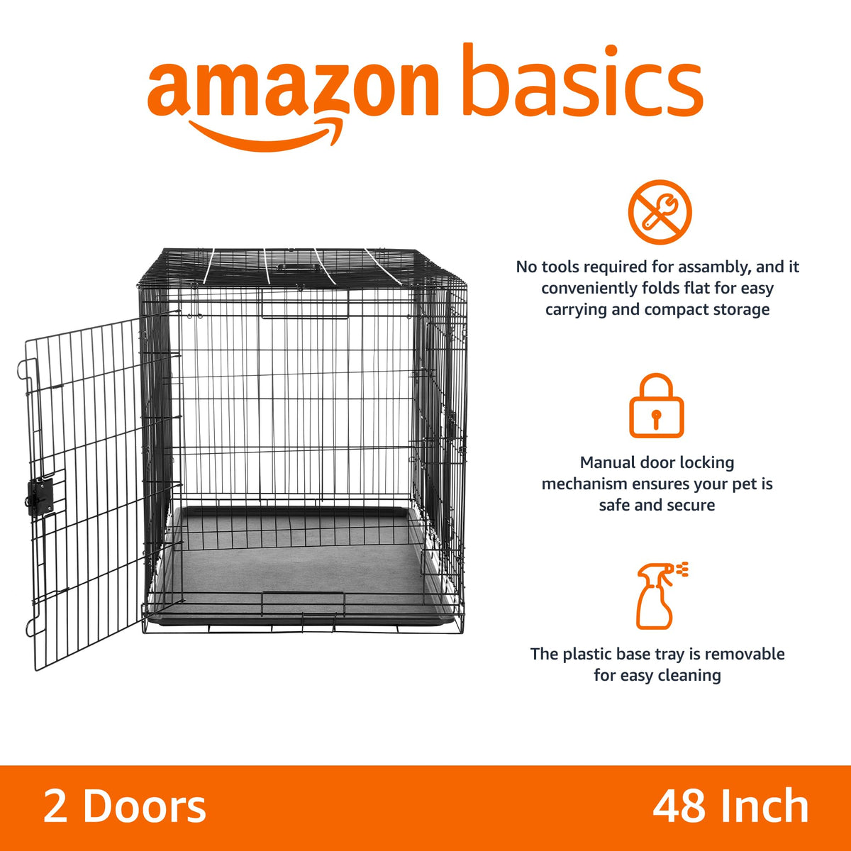 Portable Metal Wire Dog Crate, Double Door with Removable Tray, Black J61802